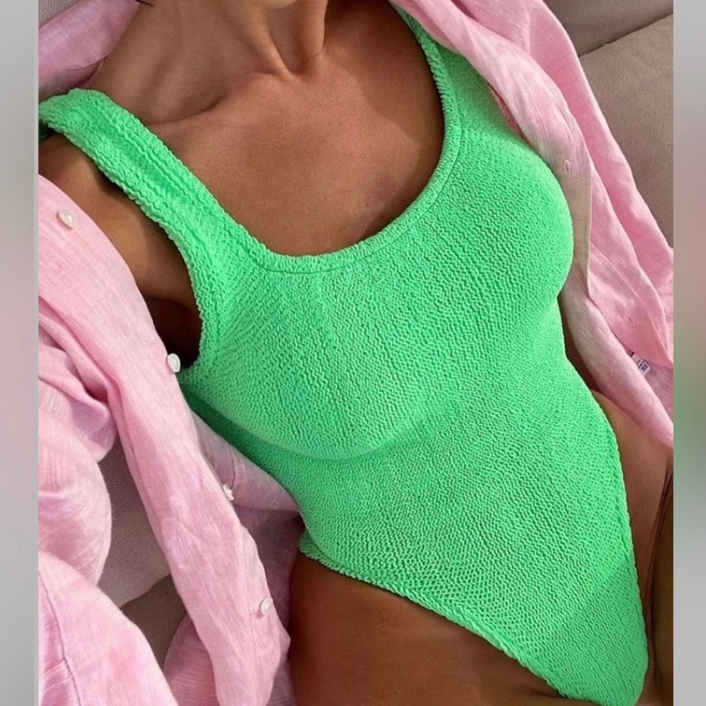 Hunza G Lime Green Square Neck Crinkle One Piece Swimsuit